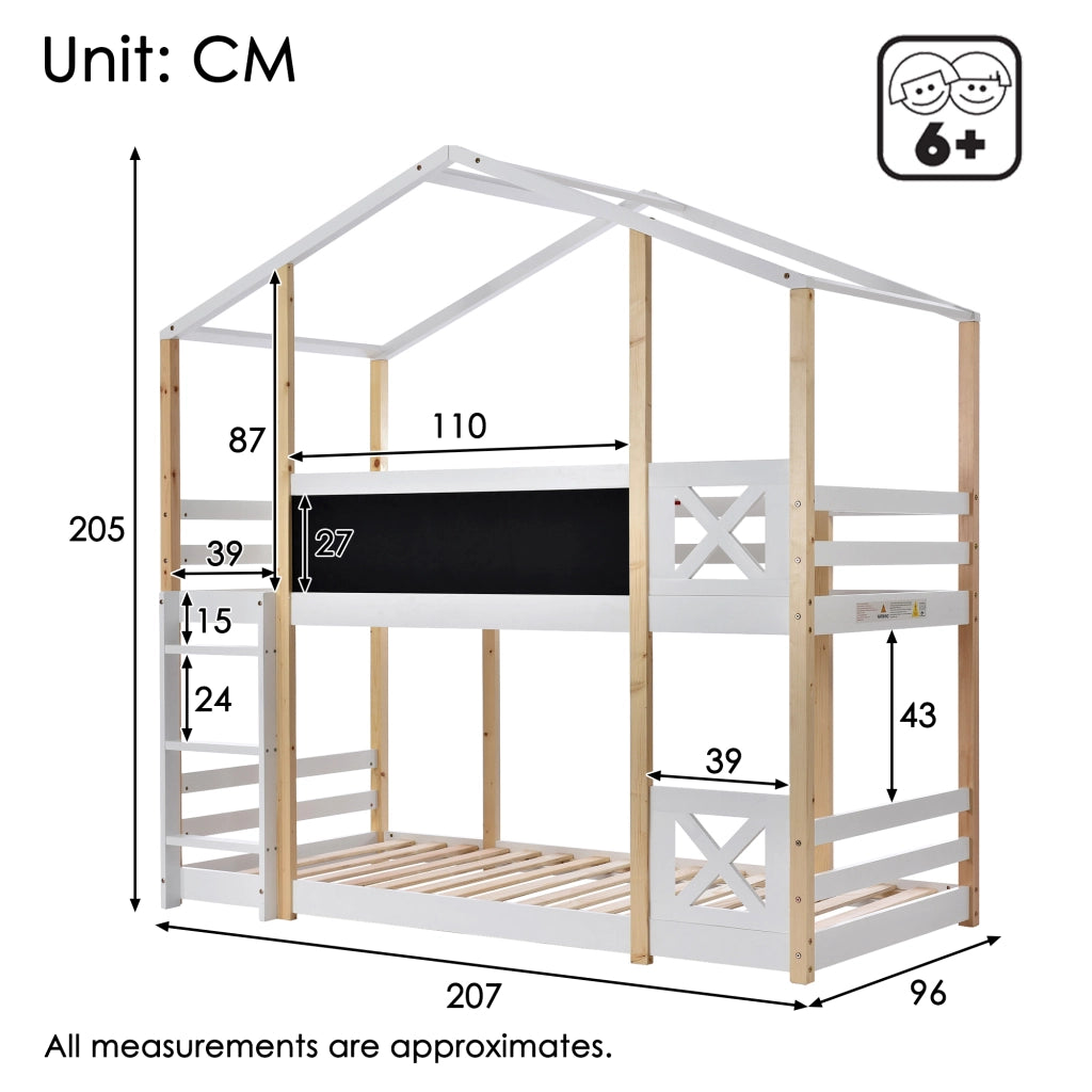 Letto a Soppalco per Bambini 90×200 cm; Letto Singolo con Scala e Lavagna; senza Materasso; Bianco