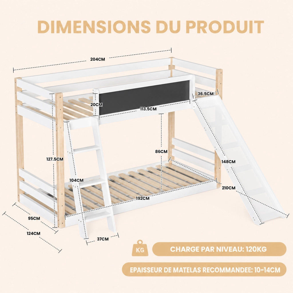 Letto a castello per bambini 90 × 200 cm e 90 × 190 cm, scala, scivolo e lavagna, senza materassi, bianco