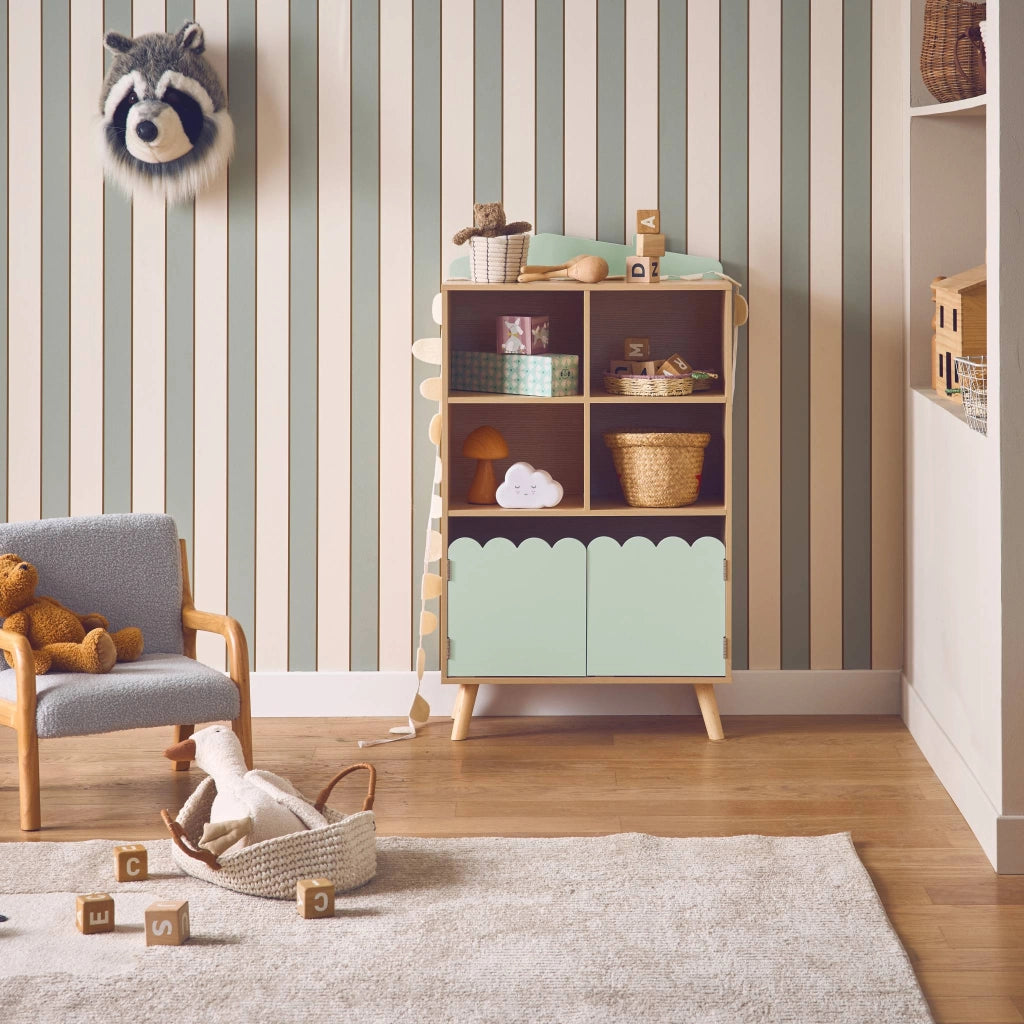 Biblioteca per bambini in legno di pino 2 porte e 4 scaffali, verde