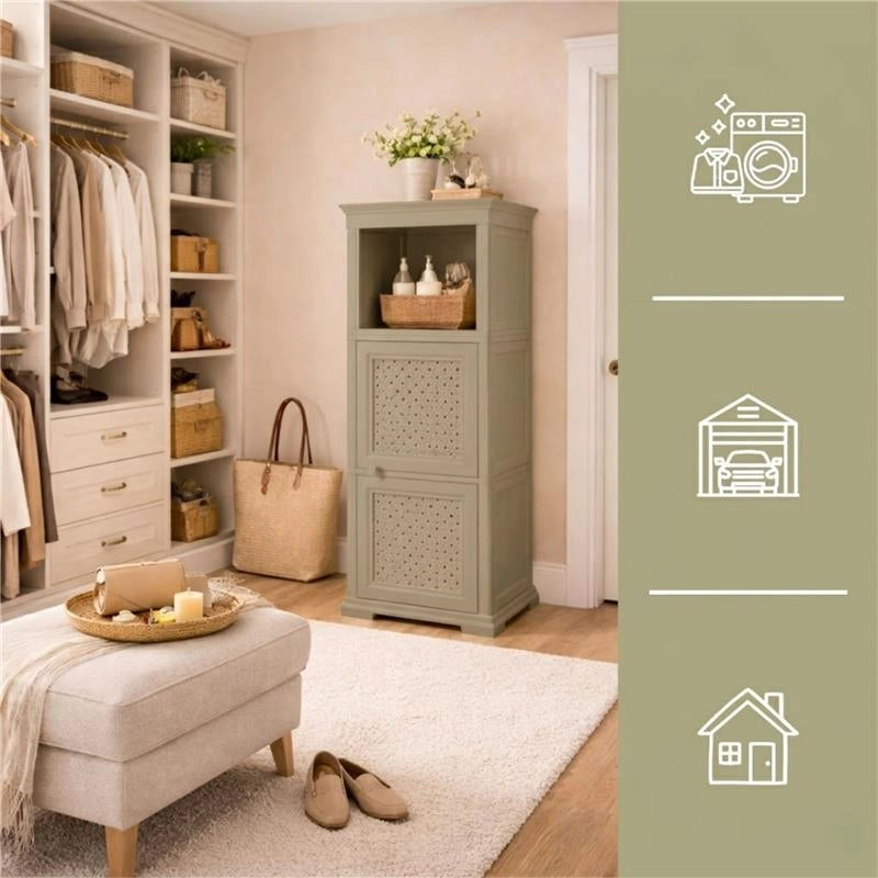MOBILE 2 MODULI TAUPE 40X43X125 CM CON ANTE TRAFORATE E 1 MODULO SCAFFALE – CONTENITORE VERTICALE ORGANIZZAZIONE CASA PER INGRESSO E ZONA GIORNO