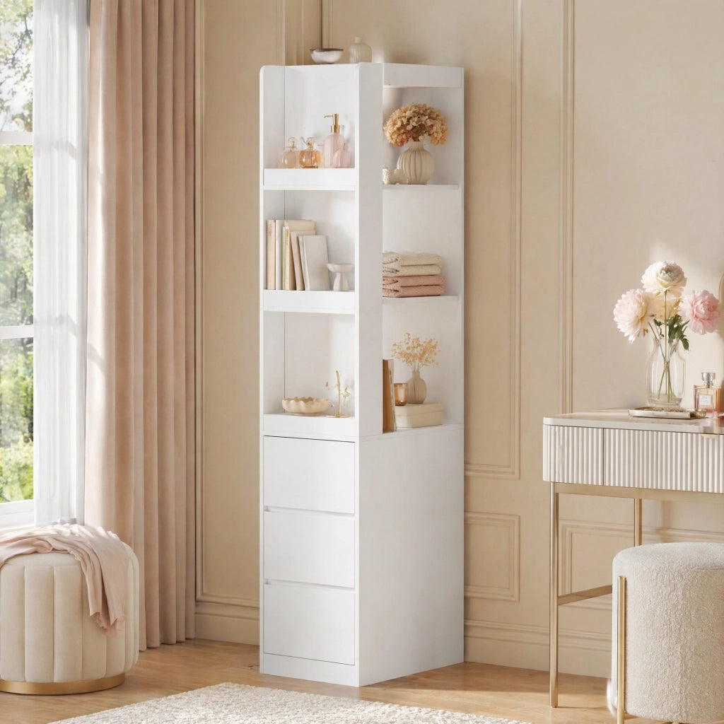 LIBRERIA stretta alta 200 cm bianca con 3 vani aperti e 3 cassetti
