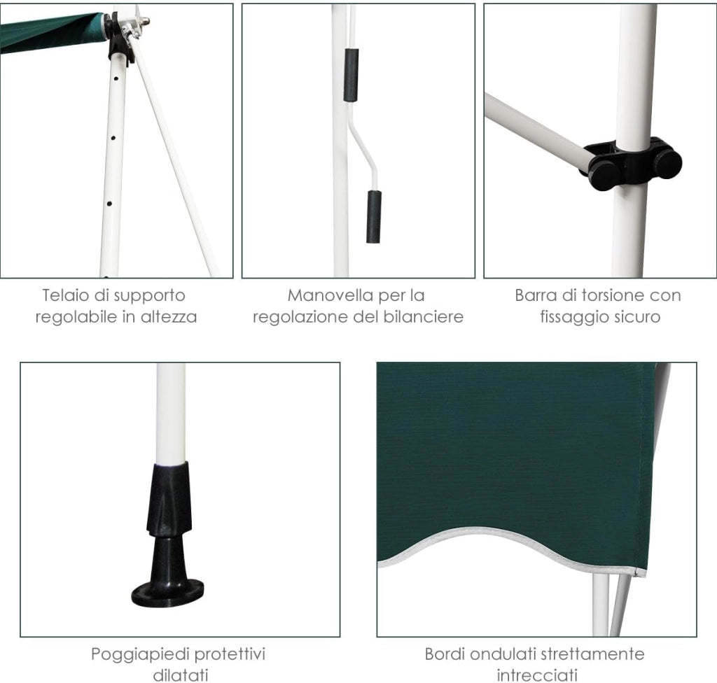 Tenda da Sole per Esterno, Tenda da Sole a Morsetto per Balcone con Struttura Telescopica e Tessuto Resistene ai Raggi Solari, Regolabile in Altezza e in Angolazione (250 cm,Verde)