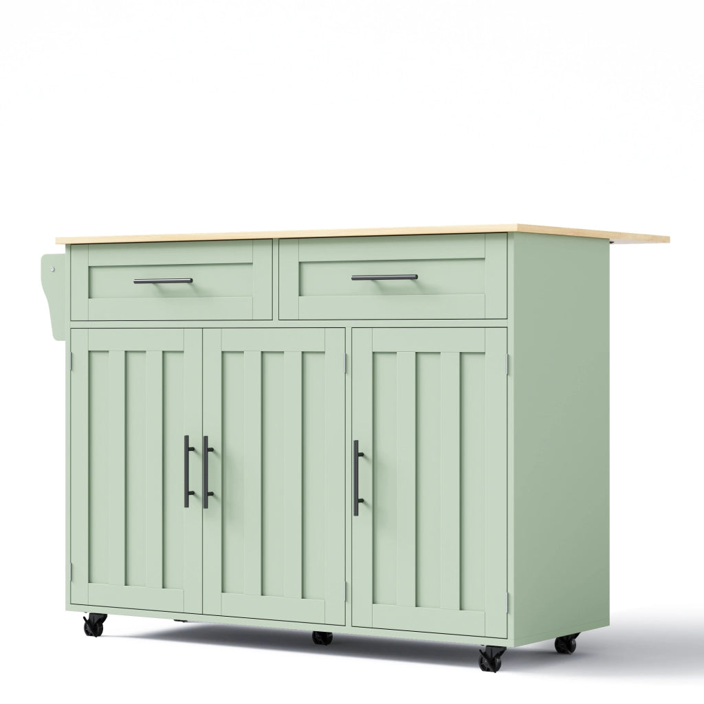 Isola Cucina Mobile 129x46/71x91,5 cm Verde Antico con Piano Ribaltabile, 2 Cassetti e 5 Ruote