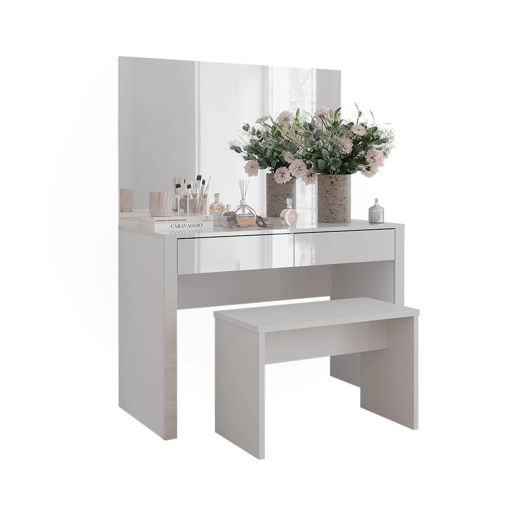 Vicco Tavolino da toilette Bianco lucido/bianco 110 cm con specchio e panca