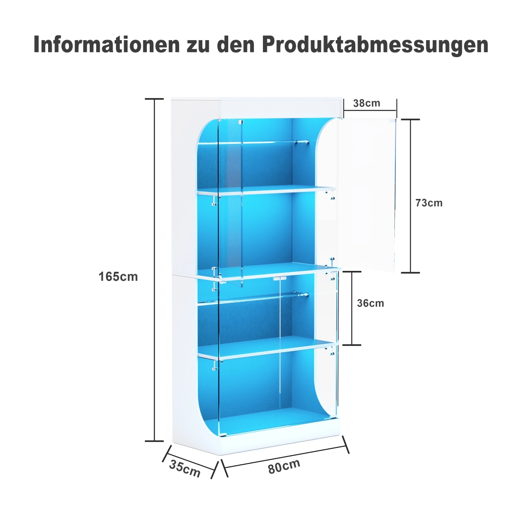 Vetrina in vetro con LED a 3 colori, sensore di movimento e ricarica USB, per soggiorno, bianco, 80 × 35 × 165 cm