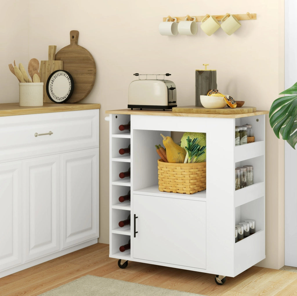 Carrello da cucina con piano in legno, ripiani e portabottiglie