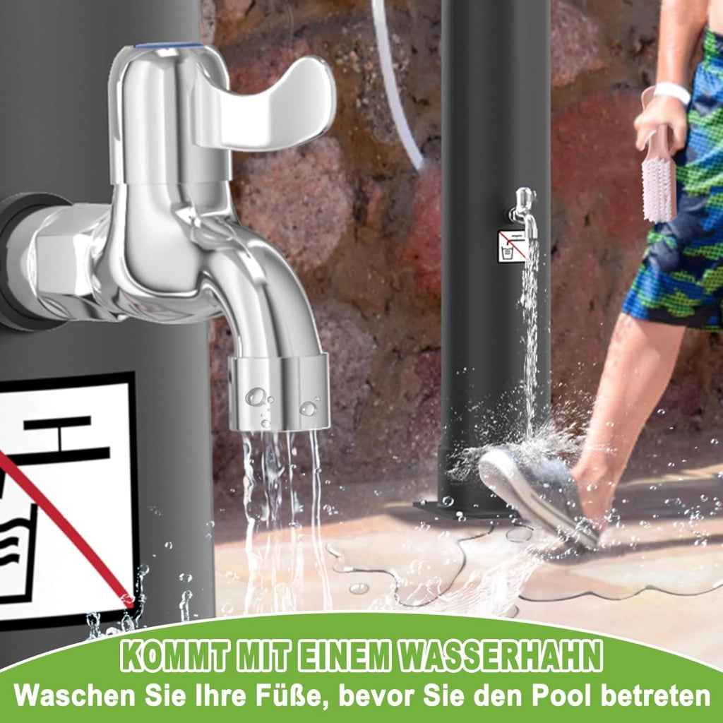 Doccia solare da giardino, 40 l, con cappa protettiva, per esterni, con rubinetto, soffione a pioggia, per giardino, piscina, campeggio, fino a 60 °C, colore nero