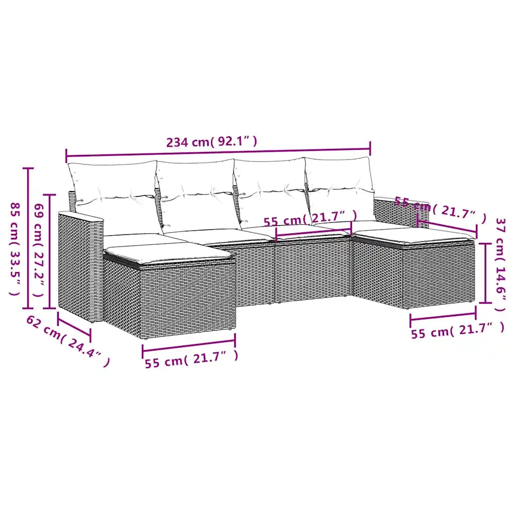 Set Divano da Giardino 6 pz con Cuscini-Sofa da Giardino-Divanetto da esterno Nero in Polyrattan 963148