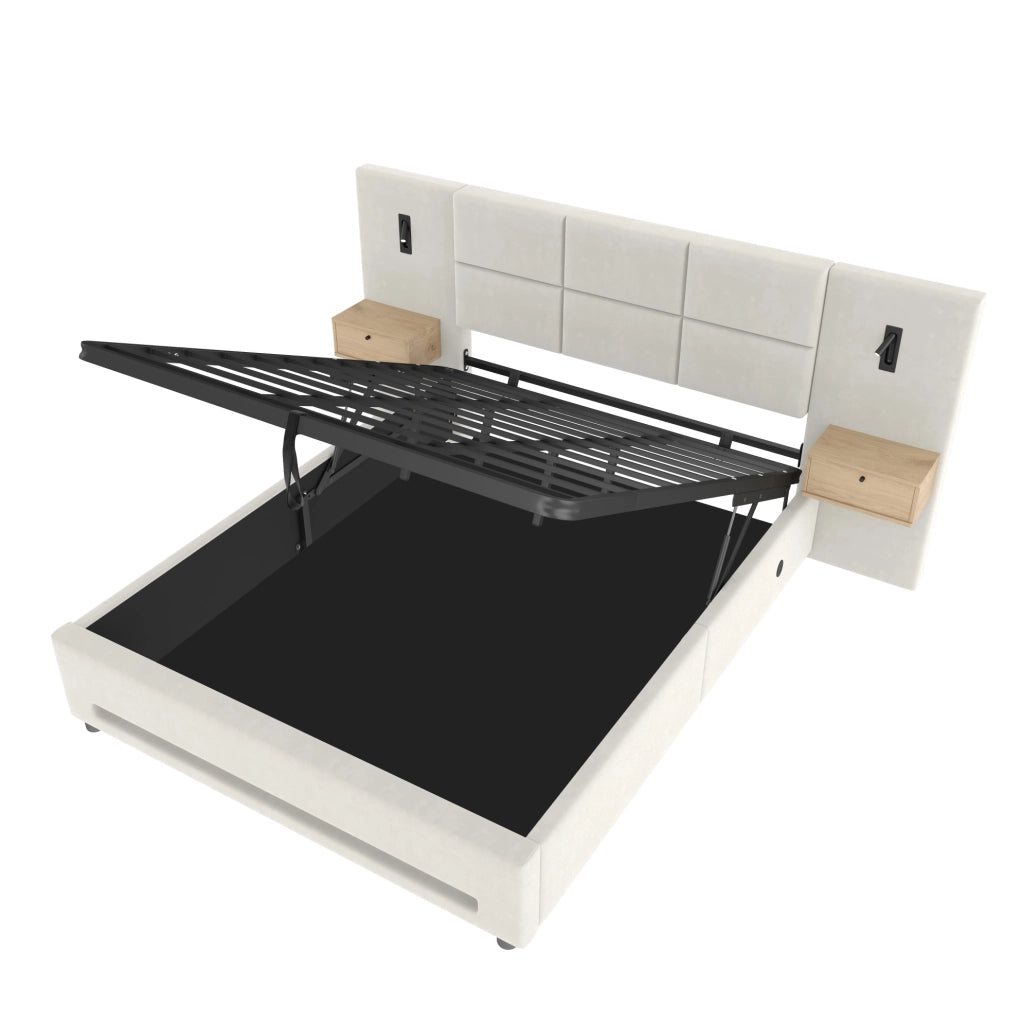 Letto imbottito 250x210x105 cm con testiera con contenitore; USB-C; LED; velluto beige