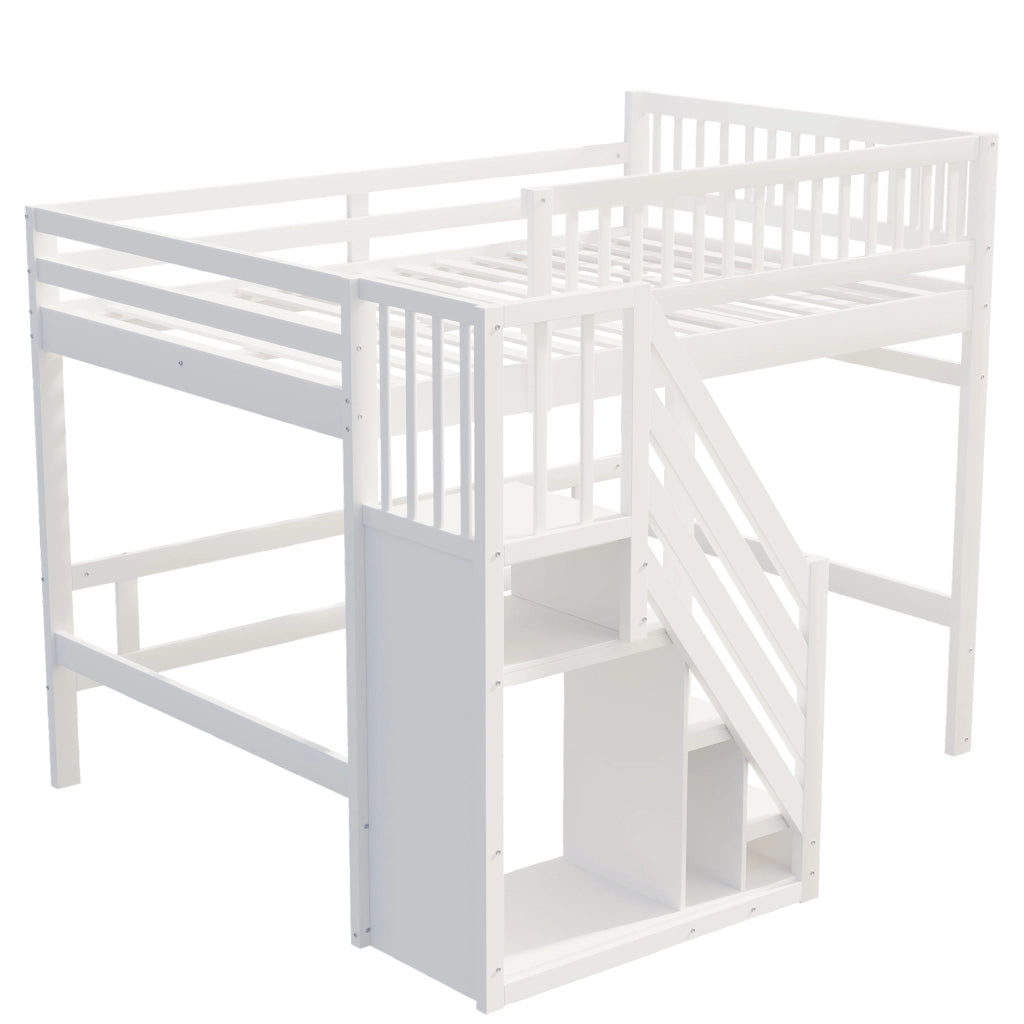 Letto a castello in legno bianco con scala a scomparti e parapetto alto 140x200 cm