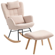 Poltrona dondolo con poggiapiedi ¨C Xylo ¨C tessuto fleece beige, gambe legno, schienale alto