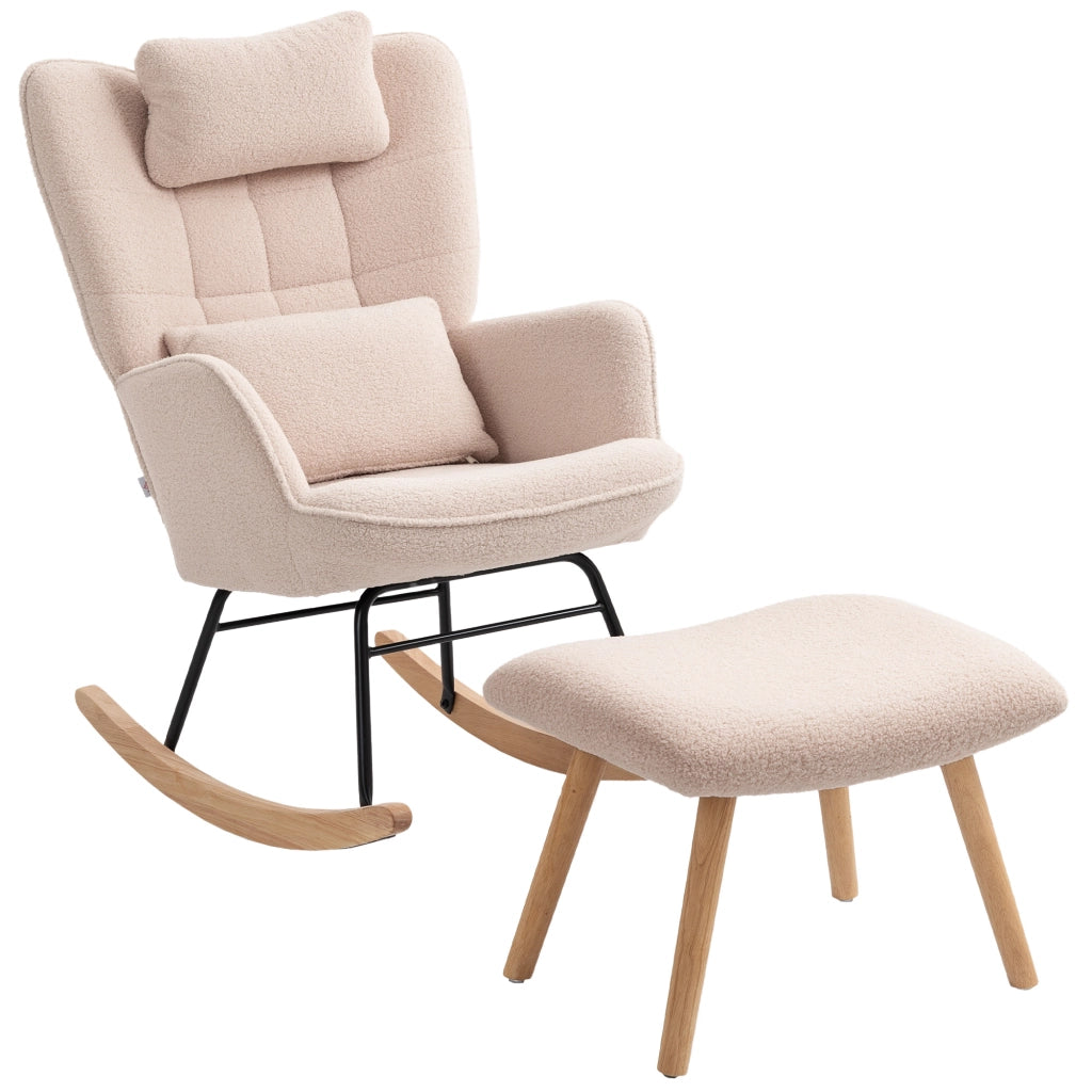 Poltrona dondolo con poggiapiedi ¨C Xylo ¨C tessuto fleece beige, gambe legno, schienale alto