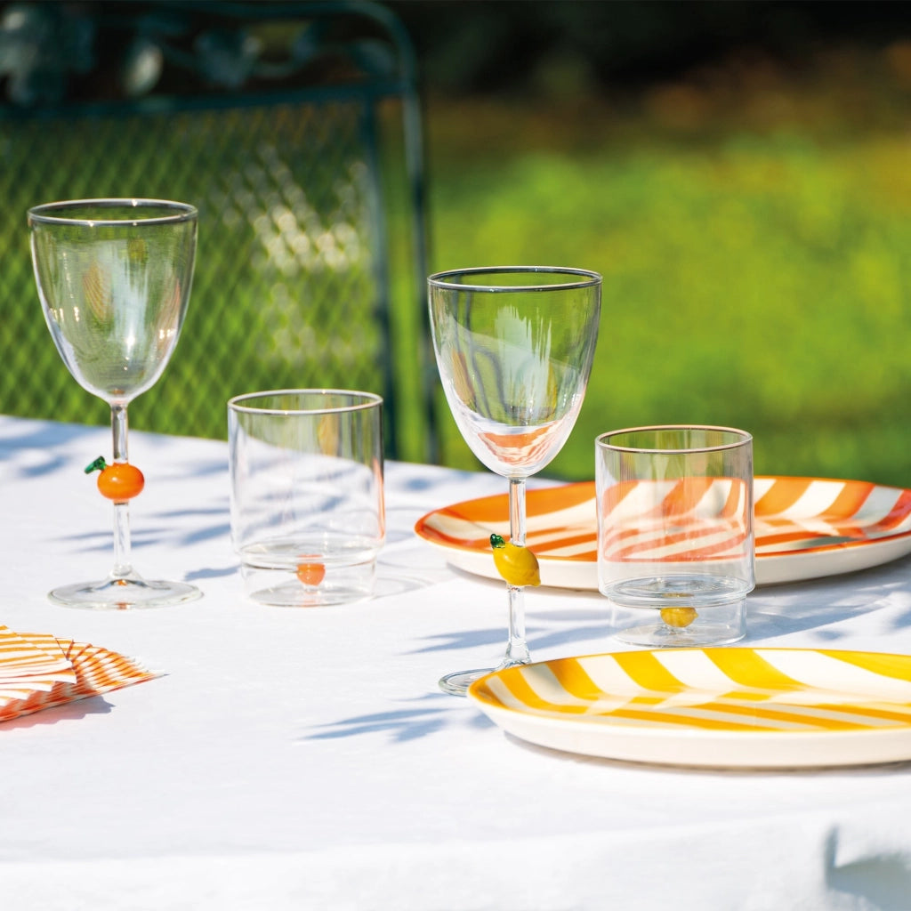 Zafferano Calice Teca Frutta in vetro borosilicato fatto a mano con decoro limone inserito nel gambo, design raffinato per una tavola vivace e unica