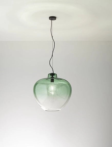Sospensione in vetro soffiato 10S46667 VE, design moderno con finitura verde specchiato sfumato e struttura in metallo nero opaco, E27 - Perenz