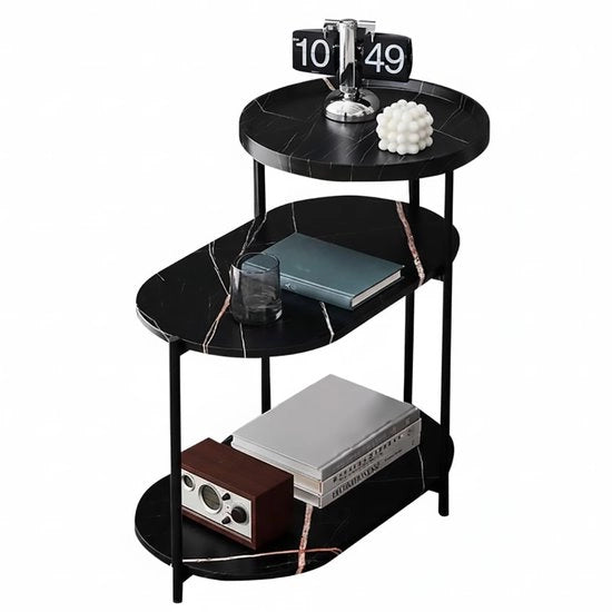 Comodino 3 livelli - Finestra marmero - Supporti metallici - Cassettiera notturna