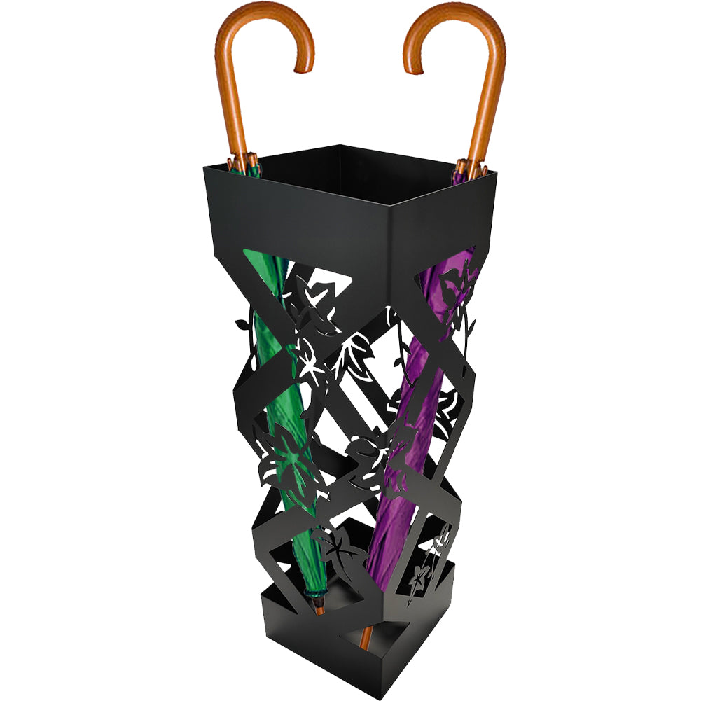 Portaombrelli da Ingresso Design Floreale Quadrato 15,5x15,5x49 cm in Ferro Nero