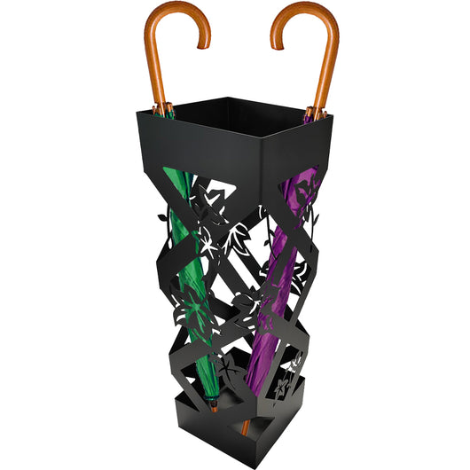 Portaombrelli da Ingresso Design Floreale Quadrato 15,5x15,5x49 cm in Ferro Nero