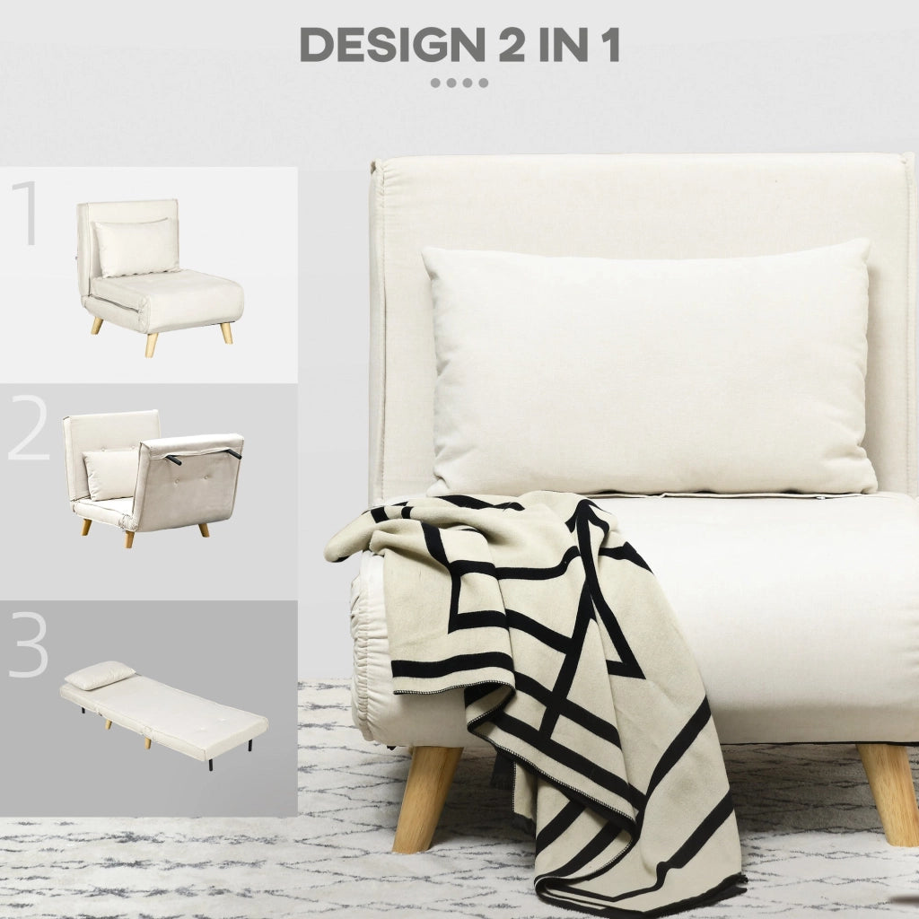 Poltrona Letto Singolo Reclinabile 72x78x79 cm con Cuscino in Tessuto Effetto Lino Beige