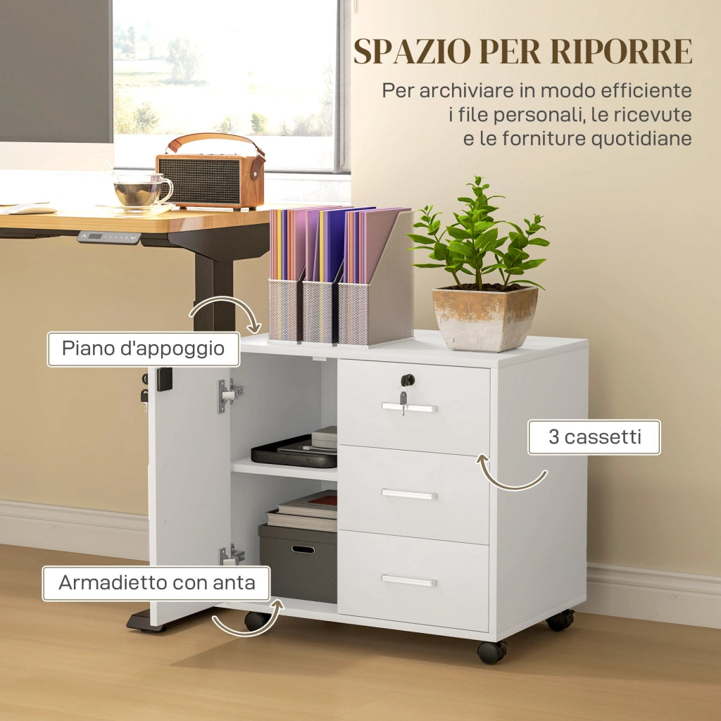 Schedario per Ufficio con 3 Cassetti e Armadietto con 3 Ripiani Regolabili, in Legno, 60x40x56 cm, Bianco