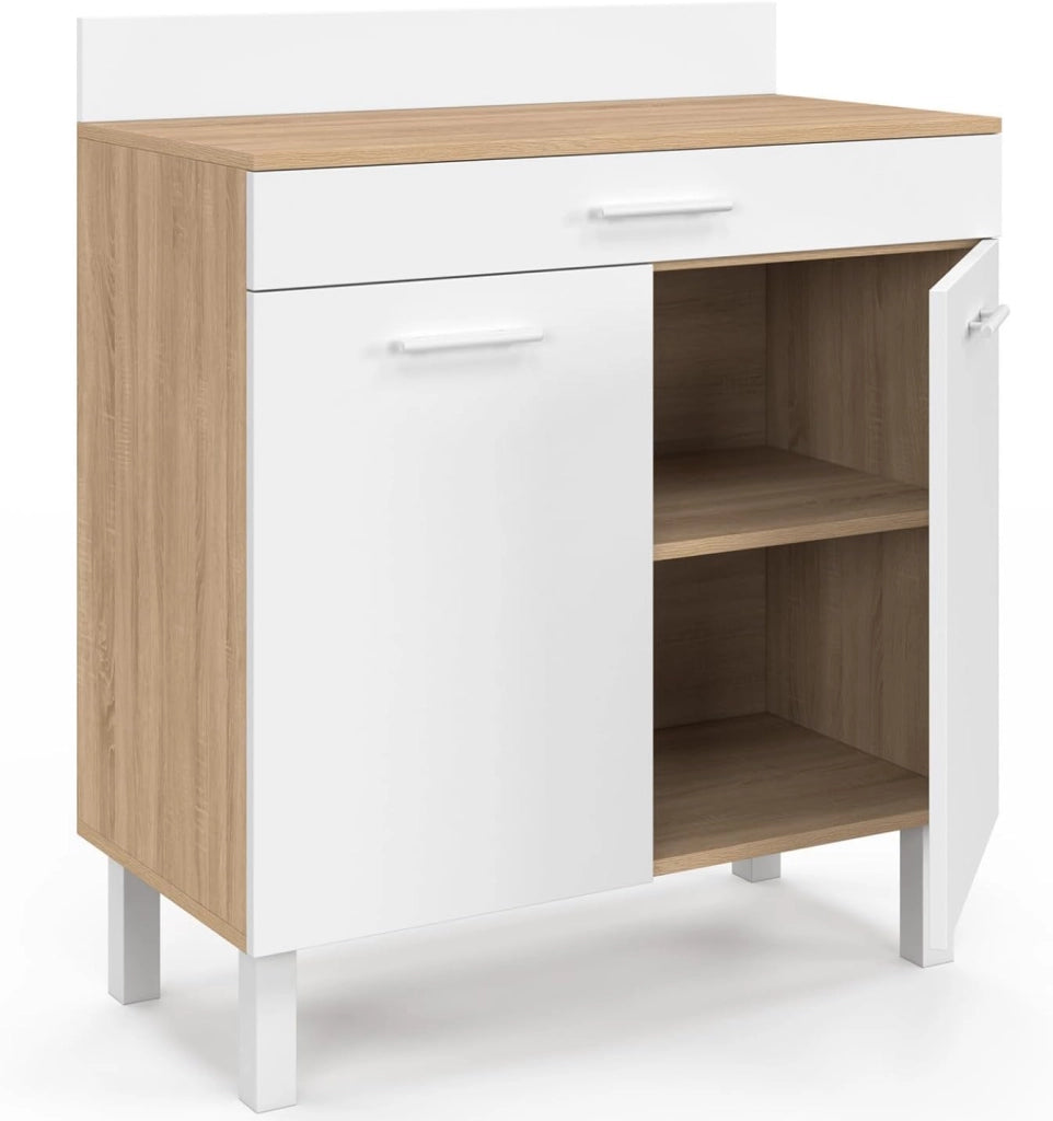 Cassettiera bassa CINA 80 cm con piano di lavoro H.83 cm, 2 ante + cassetto, finitura faggio e bianco