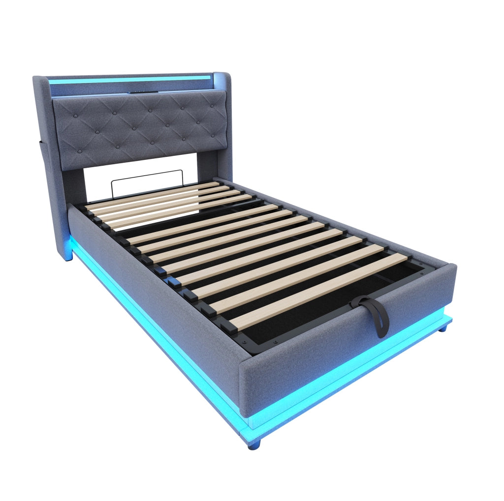 Letto imbottito 90x200 cm con LED e USB; contenitore idraulico; tessuto in lino; grigio