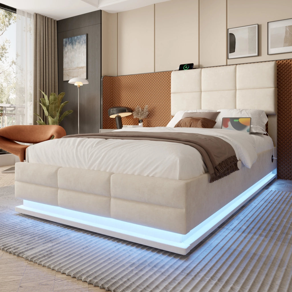 Letti contenitori 90x200 cm; testiera regolabile con LED e USB; velluto beige (Senza materasso)