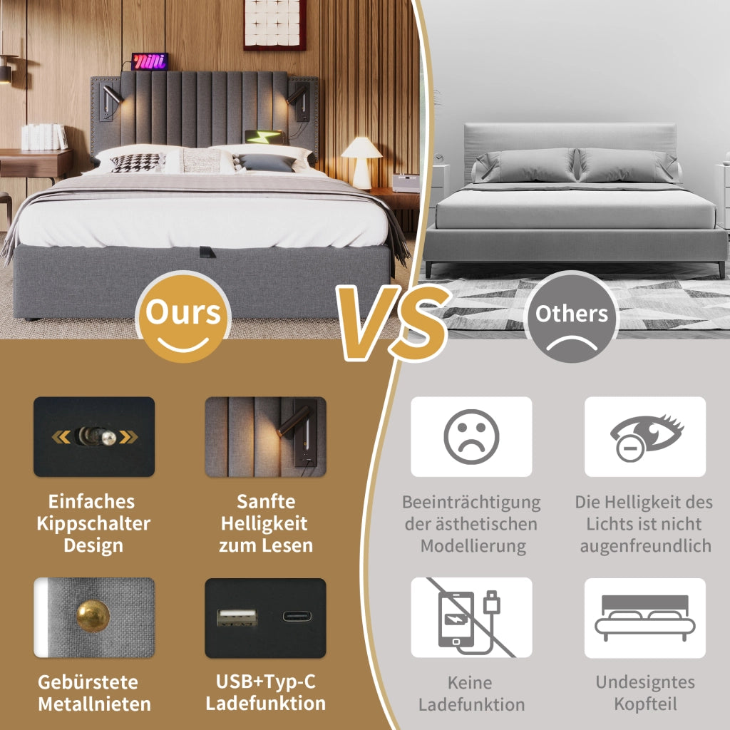 LETTO Contenitore 160x200 cm Grigio in cotone con testiera regolabile, luce e USB