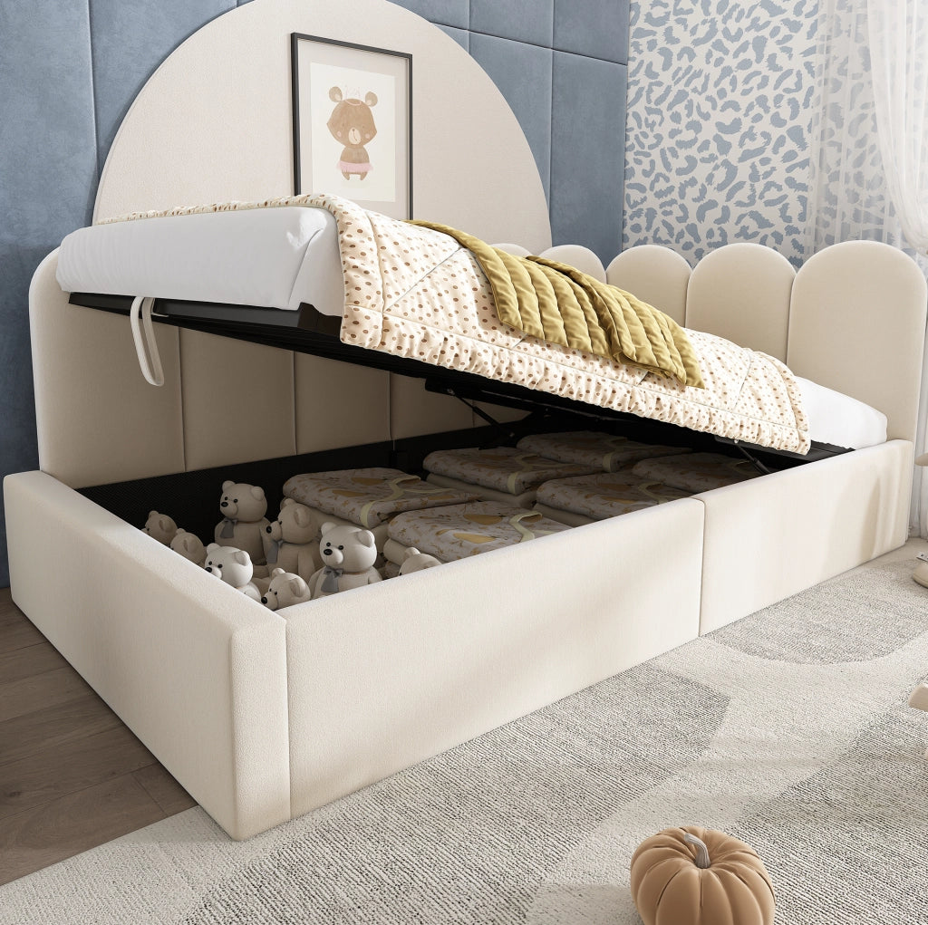 Letto giorno 90x190 cm in velluto beige con contenitore idraulico e struttura in metallo