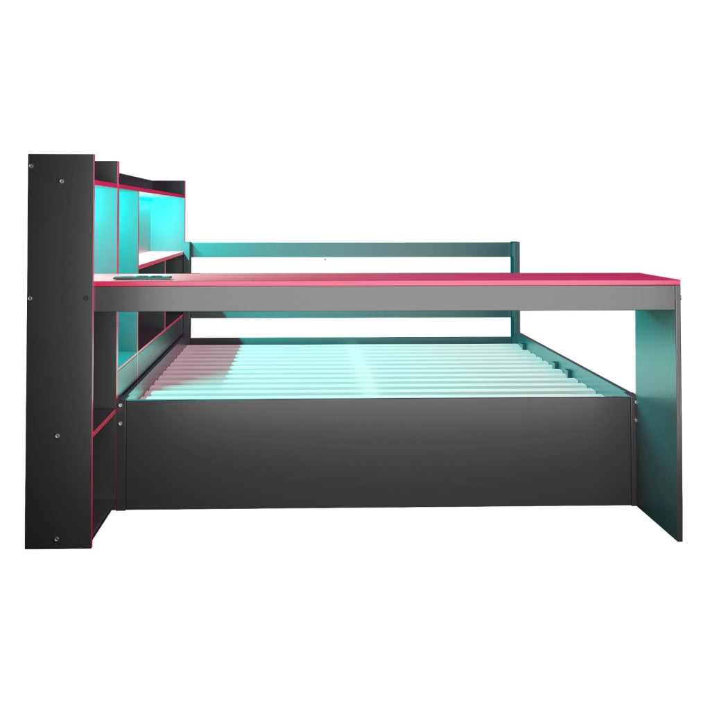 Letto matrimoniale multifunzionale 140 x 200 cm con scrivania; cassetti; LED e prese; nero e rosso