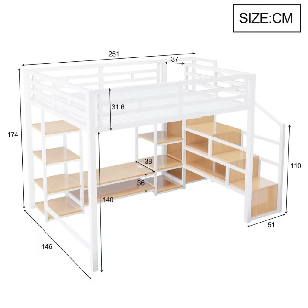 Letto a soppalco 140x200 cm in metallo e MDF bianco con supporto TV; presa e scala di sicurezza