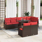 Set Divano da Giardino 9 pcs Marrone e Rosso polyrattan