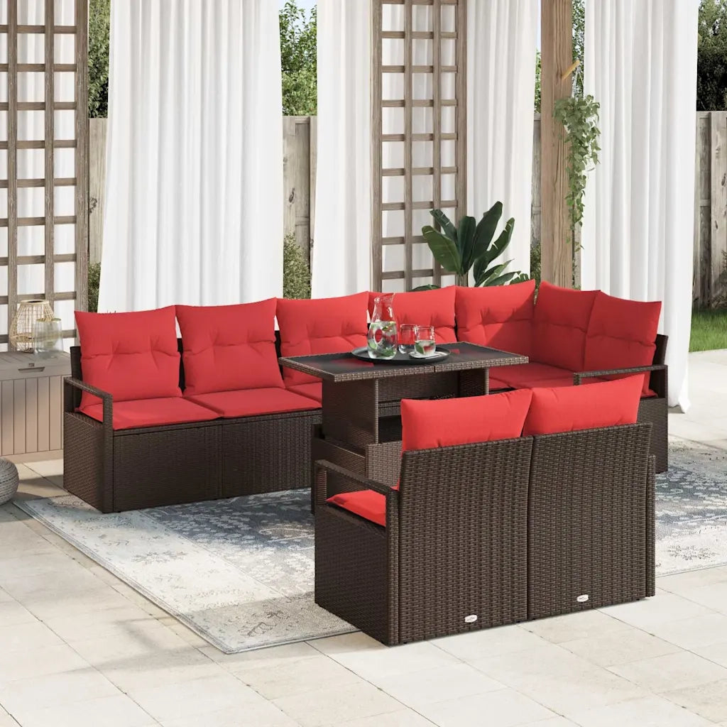 Set Divano da Giardino 9 pcs Marrone e Rosso polyrattan