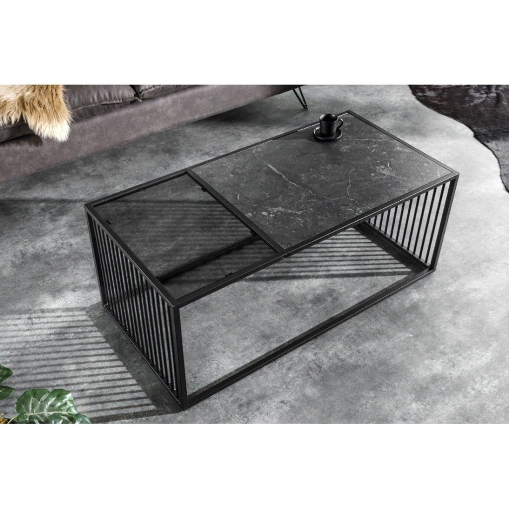 Tavolino basso ABITTA rettangolare 100 cm nero e vetro fumé – Moderno con piano misto MDF effetto marmo e vetro temperato