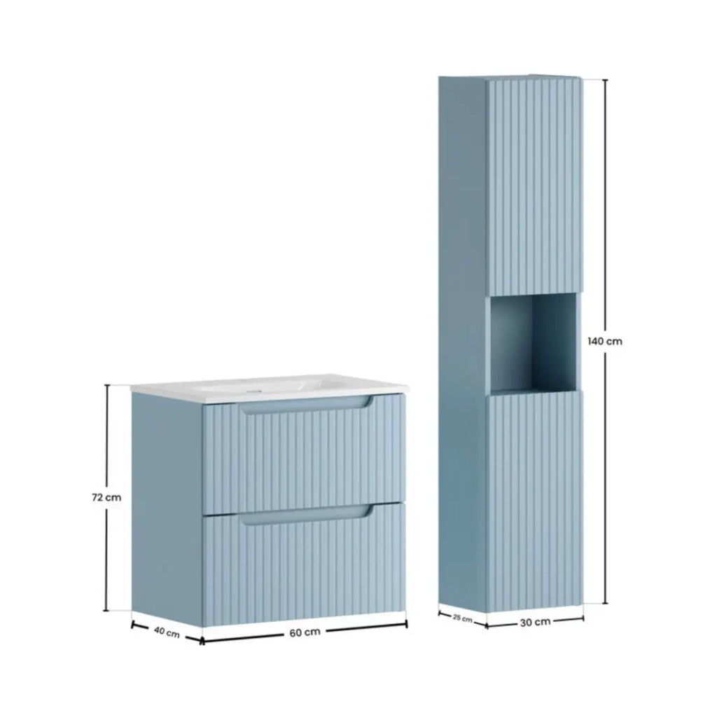 Set bagno sospeso VANO blu denim 90cm: mobile basso con cassetti + lavabo incasso bianco + colonna