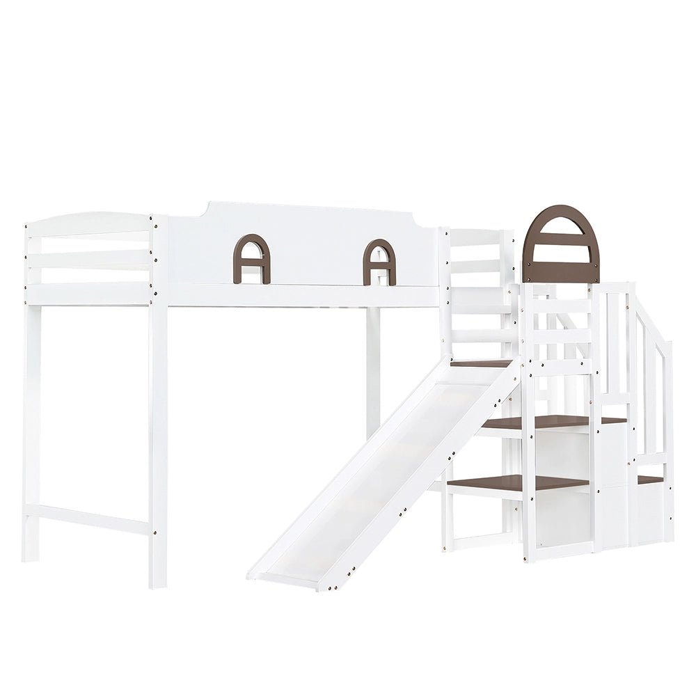 Letto a castello con scivolo e finestra - Xylo - 90x200cm bianco/marrone, 2 ripiani