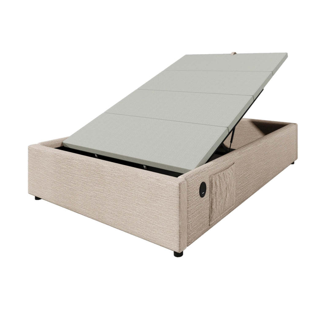 Letto contenitore singolo 90x190 cm con USB C; in lino beige