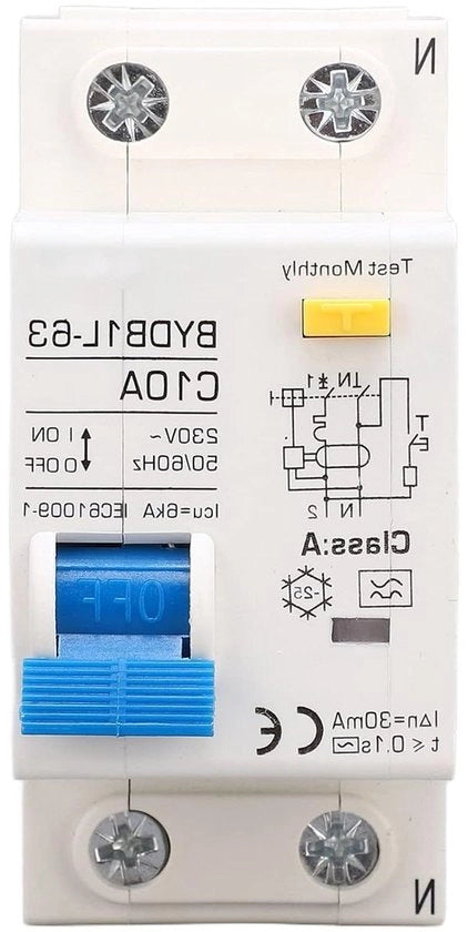 Dispositivo di Protezione da Surrapporto 230V 30mA C10 1P N Protezione da Leccia  Protezione da Surrapporto Protezione da Overcaricamento Interruttore a Contatto Aerio per Reti di Distribuzione di Illuminazione Residenziale Sistemi PV Solari