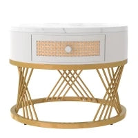 Tavolino Rotondo Marmo 2 in 1 con Gambe in Metallo, Cassetti in Rattan Sintetico e Maniglie in Legno Massello, Bianco