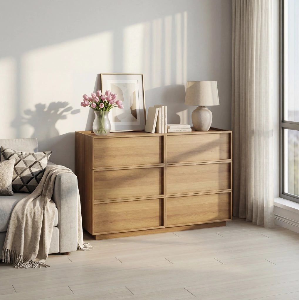 Cassettiera 115x48x78 cm con sei cassetti; guide metalliche; in MDF e truciolare; naturale