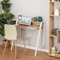 Scrivania Moderna per Camera e Ufficio a 2 Livelli, Arredamento in Legno e Metallo, 84x45x85cm, Bianco e Rovere