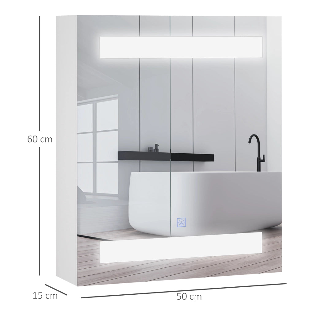 EasyComfort Armadietto Pensile da Bagno con 1 Anta, Specchio e Luci a LED | 2 Ripiani Interni | MDF Bianco (60 x 50 x 15cm)