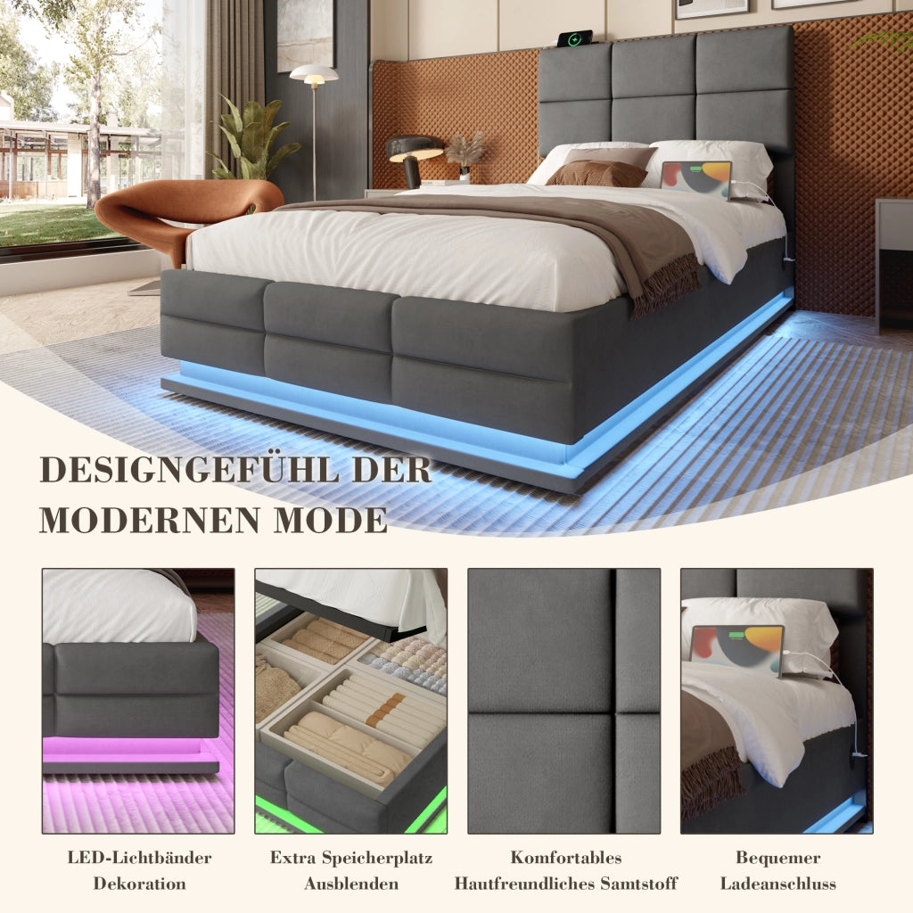OKWISH Letto Contenitore 90×200 cm, Letto Singolo con USB, Tipo C, LED Regolabile e Testiera Regolabile, senza Materasso, in Velluto, Grigio Scuro