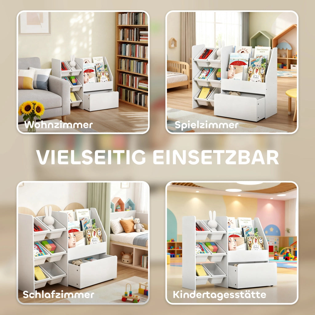 Libreria per bambini con cassetti e rotelle ¨C zephmum ¨C bianco, MDF, 100x30x80 cm