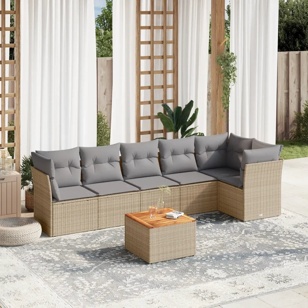 Set Divani da Giardino 7 pz con Cuscini Beige in Polyrattan