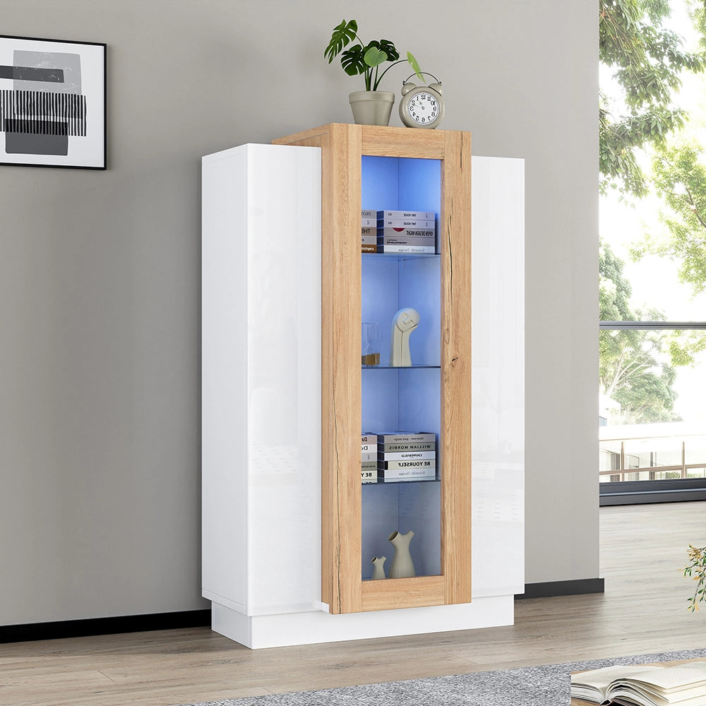 Armoire de salon con vetrina LED - Xylo - 74x40x120 cm - Porte trasparenti, scaffali in vetro, cassetto