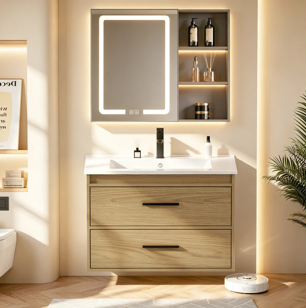 Mobile bagno 75 cm in quercia chiara con 2 cassetti e ampio spazio contenitivo