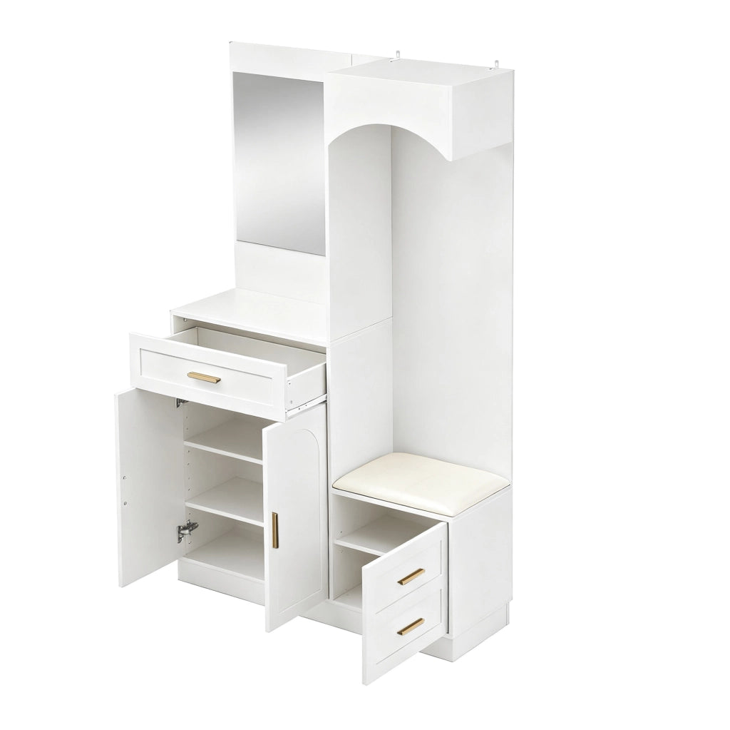 Mobile ingresso multifunzione bianco 110 x 33 x 185;5 cm in MDF con specchio e scarpiera