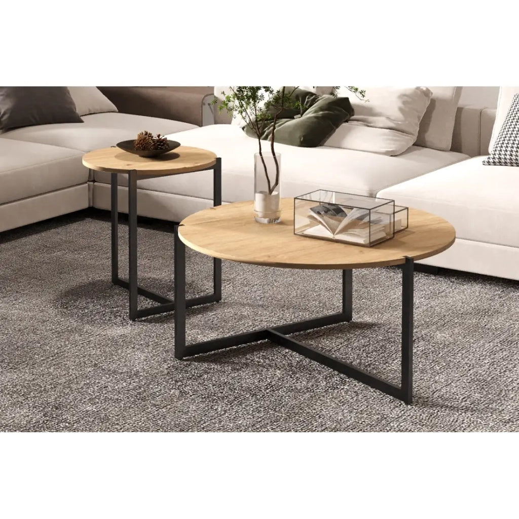 Set di due tavolini rotondi in stile industriale collezione BIANCA - Colore rovere chiaro e nero.