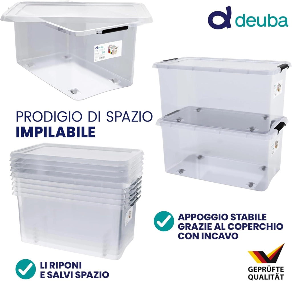 ® 4X 60L Scatole in Plastica Trasparente Senza BPA Contenitori con Coperchio Impilabili Ruote Cassette Salvaspazio