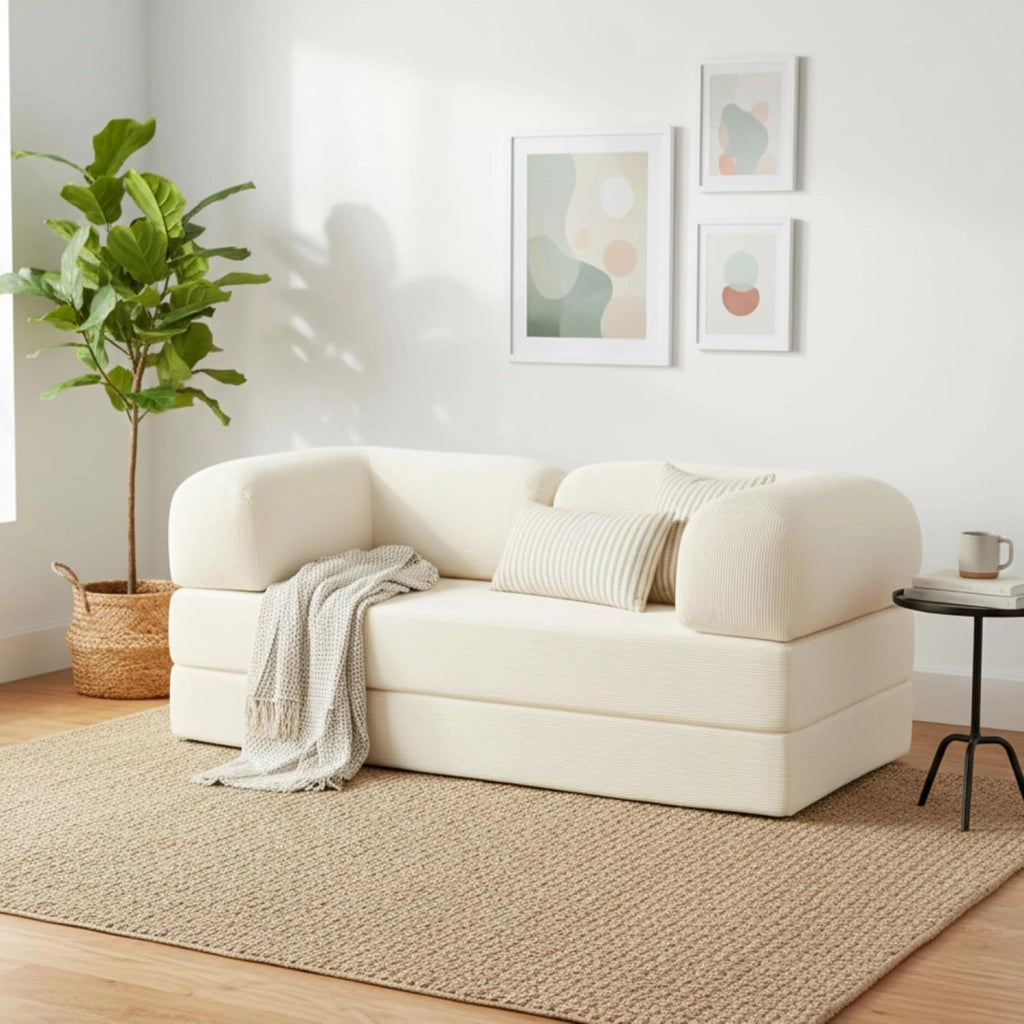Divano 2 Posti Prodotto in Francia - Divano Letto Modulare in Schiuma ad Alta Densità e Tessuto in Velluto a Coste - Design Innovativo Boneless Couch, Spedito Compresso (Ecru)